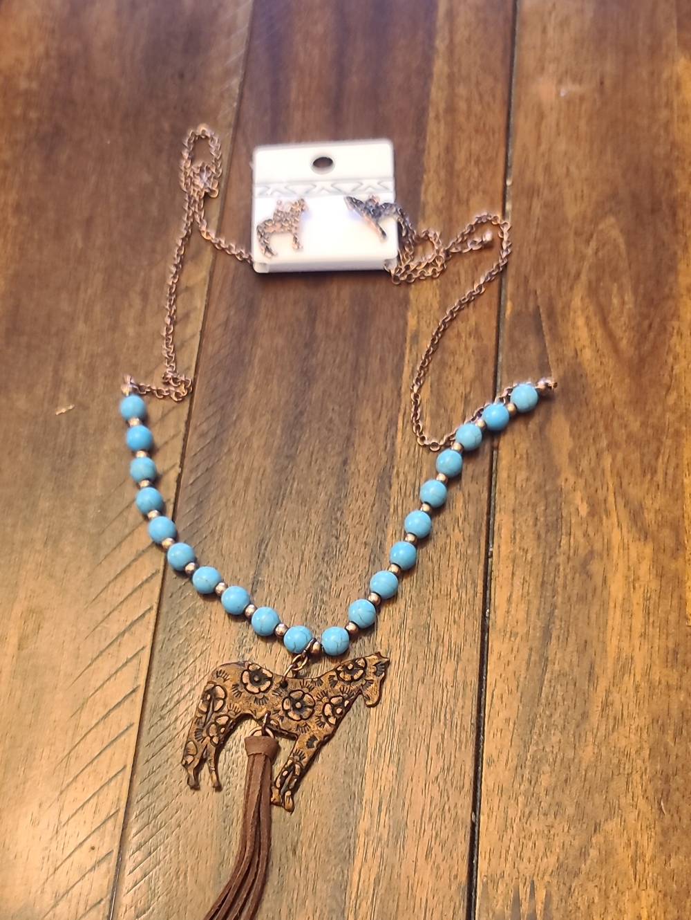 Boho Turquoise Beaded Horse Pendant Necklace with Tassel